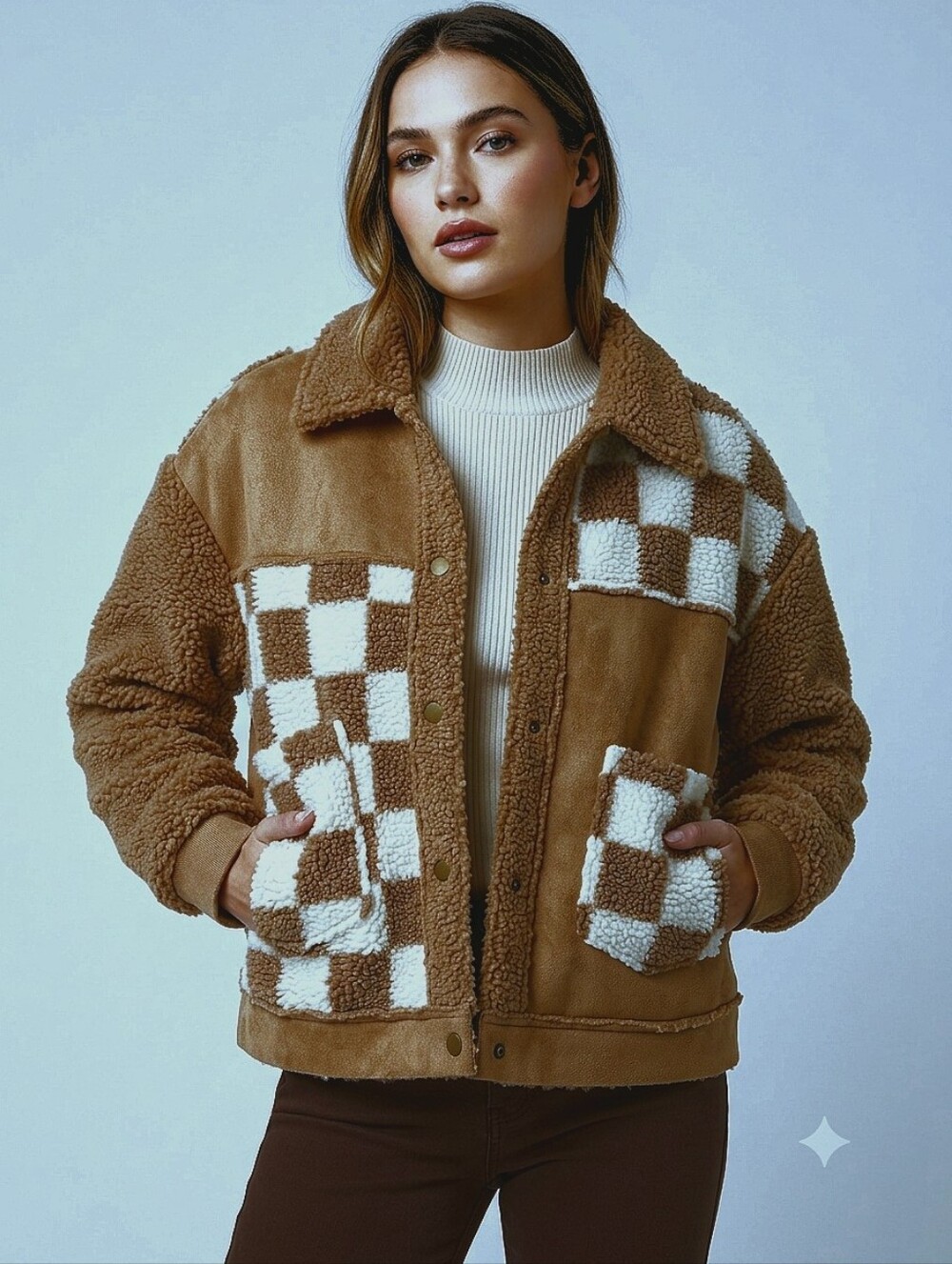 Miss Me Sherpa Faux Suede Jacket L Tan Checkered Patchwork NWT